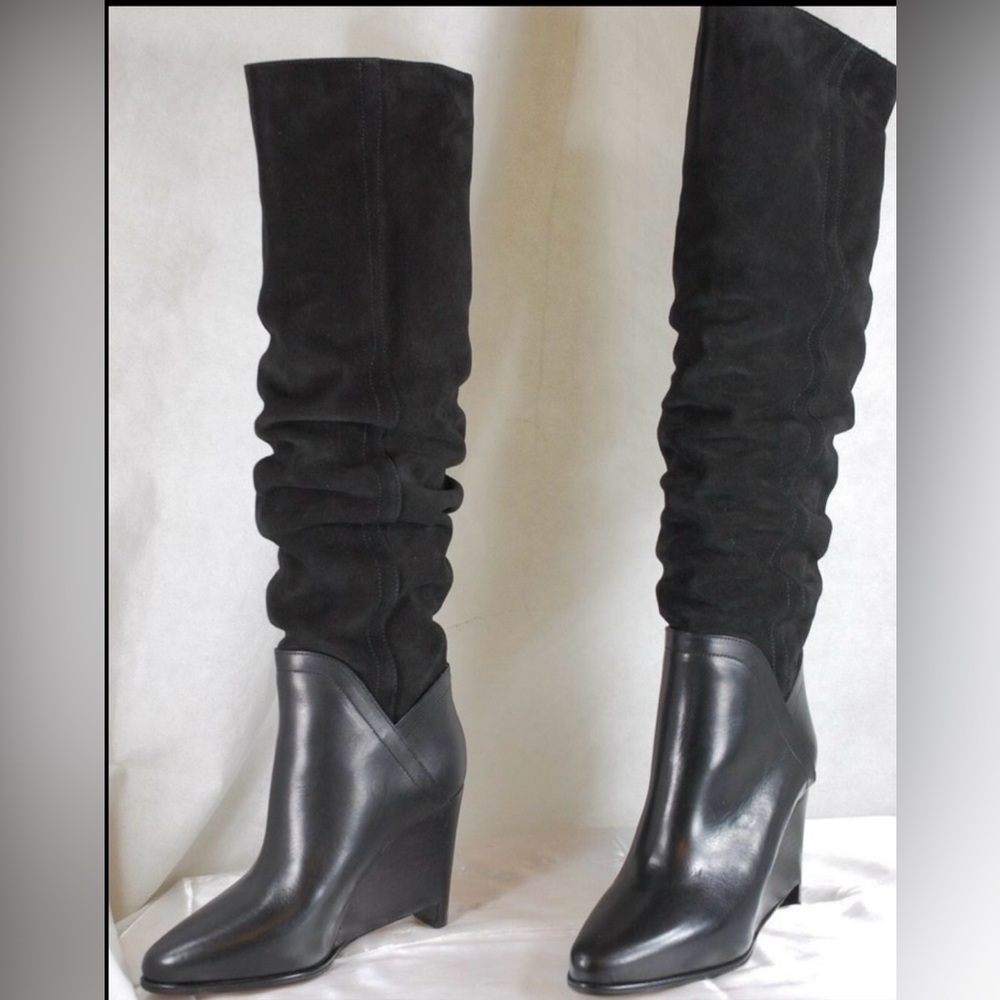 MAISON MARTIN MARGIELA 22 HIGH WEDGE BLACK SUEDE/LEATHER KNEE HIGH BOOTS.